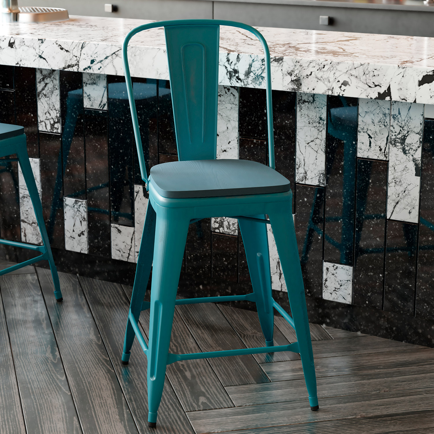 BLNK Carly Commercial Metal Indoor-Outdoor Counter Height Stool with Poly Resin Wood Seat - Kelly Blue-Teal/Teal-Blue