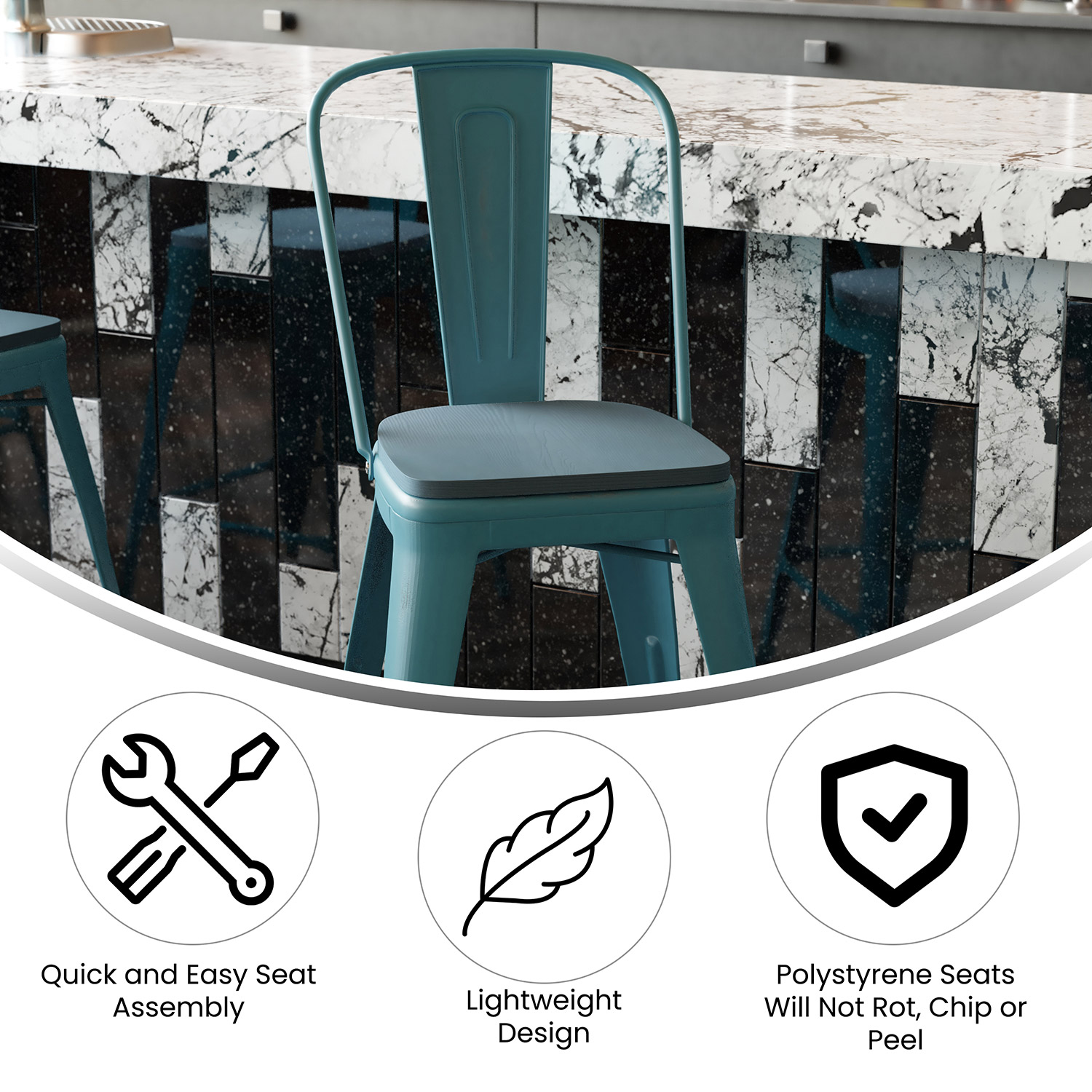 BLNK Carly Commercial Metal Indoor-Outdoor Counter Height Stool with Poly Resin Wood Seat - Kelly Blue-Teal/Teal-Blue