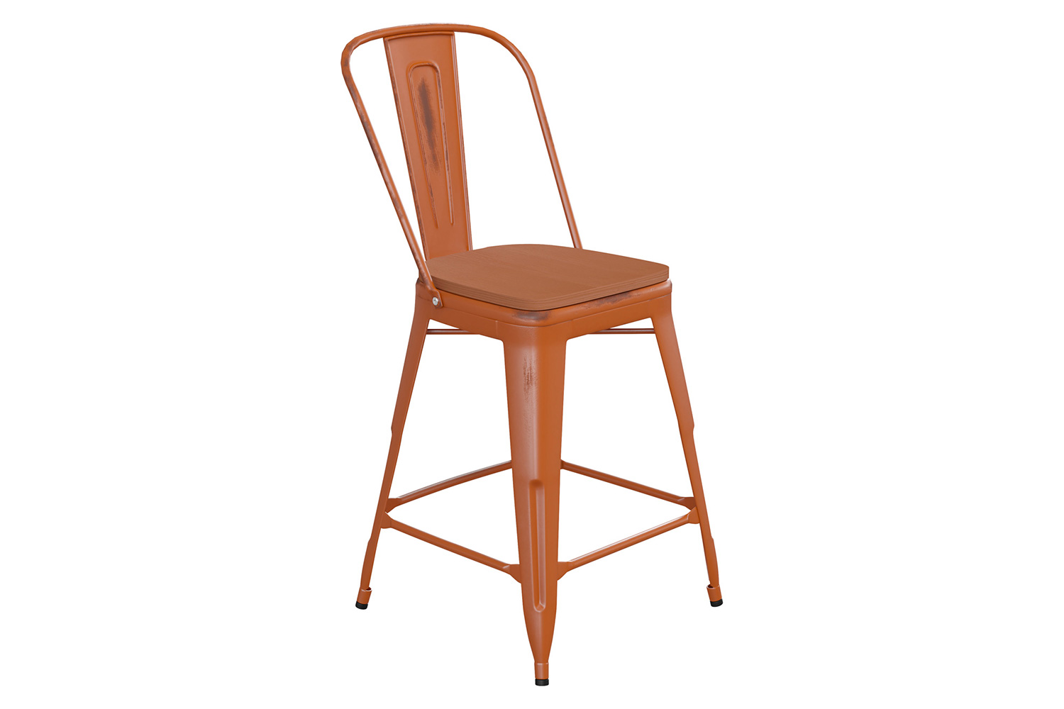 BLNK Carly Commercial Metal Indoor-Outdoor Counter Height Stool with Poly Resin Wood Seat - Orange/Teak