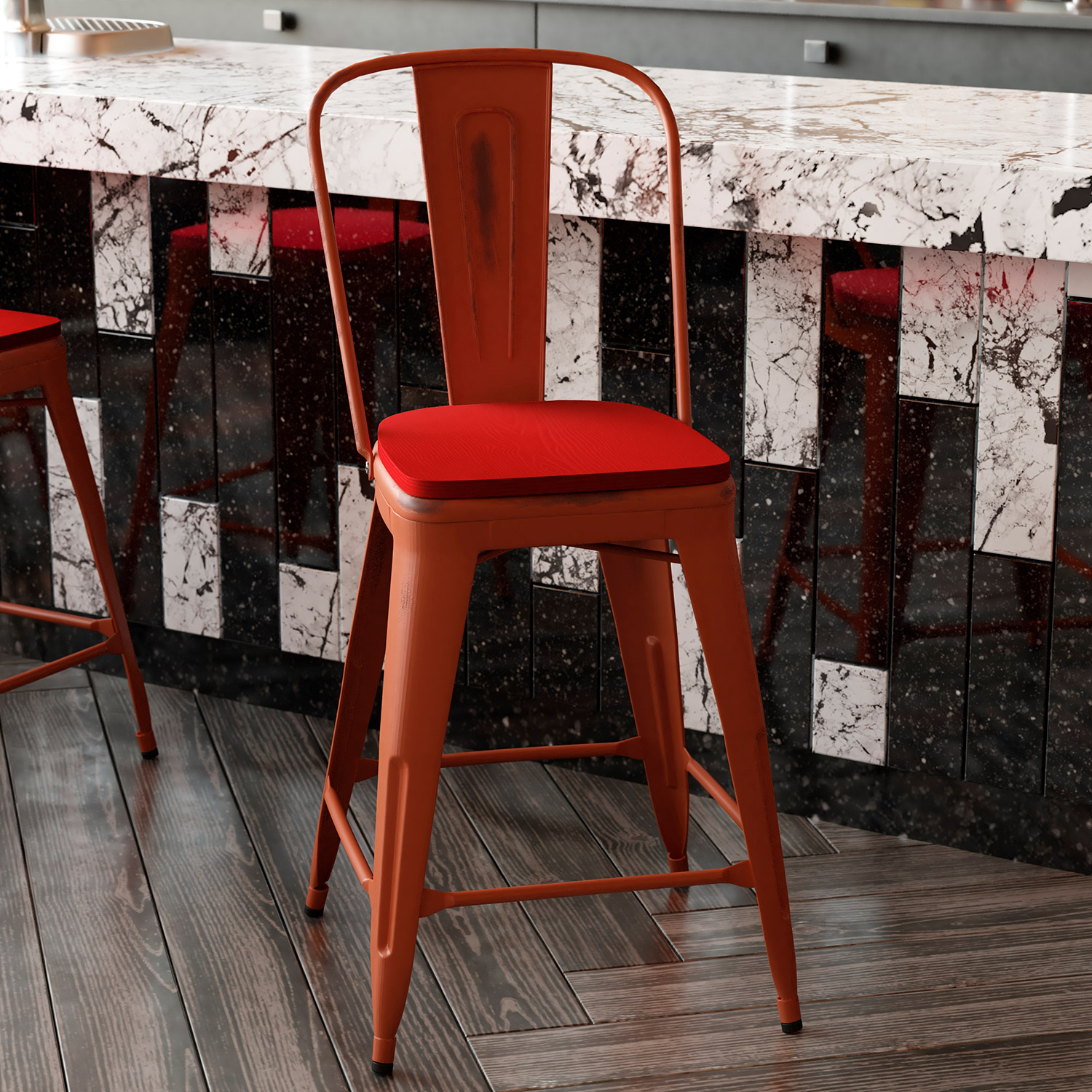 BLNK Carly Commercial Metal Indoor-Outdoor Counter Height Stool with Poly Resin Wood Seat - Kelly Red/Red