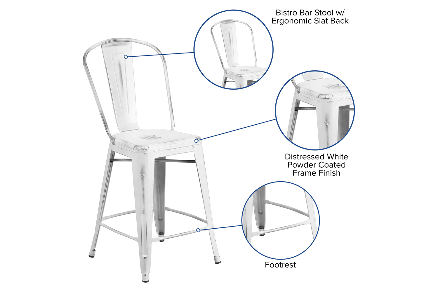 BLNK Carly Commercial Metal Distressed Indoor-Outdoor Counter Height Stool - White