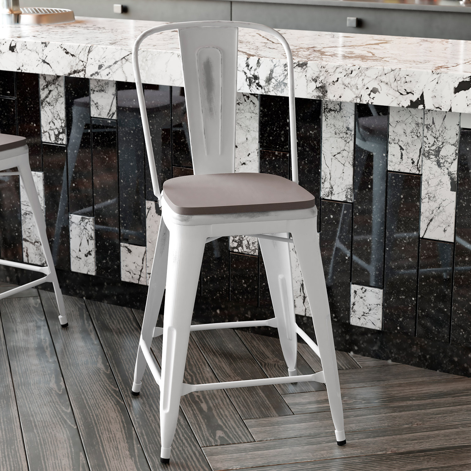 BLNK Carly Commercial Metal Indoor-Outdoor Counter Height Stool with Poly Resin Wood Seat - White/Gray