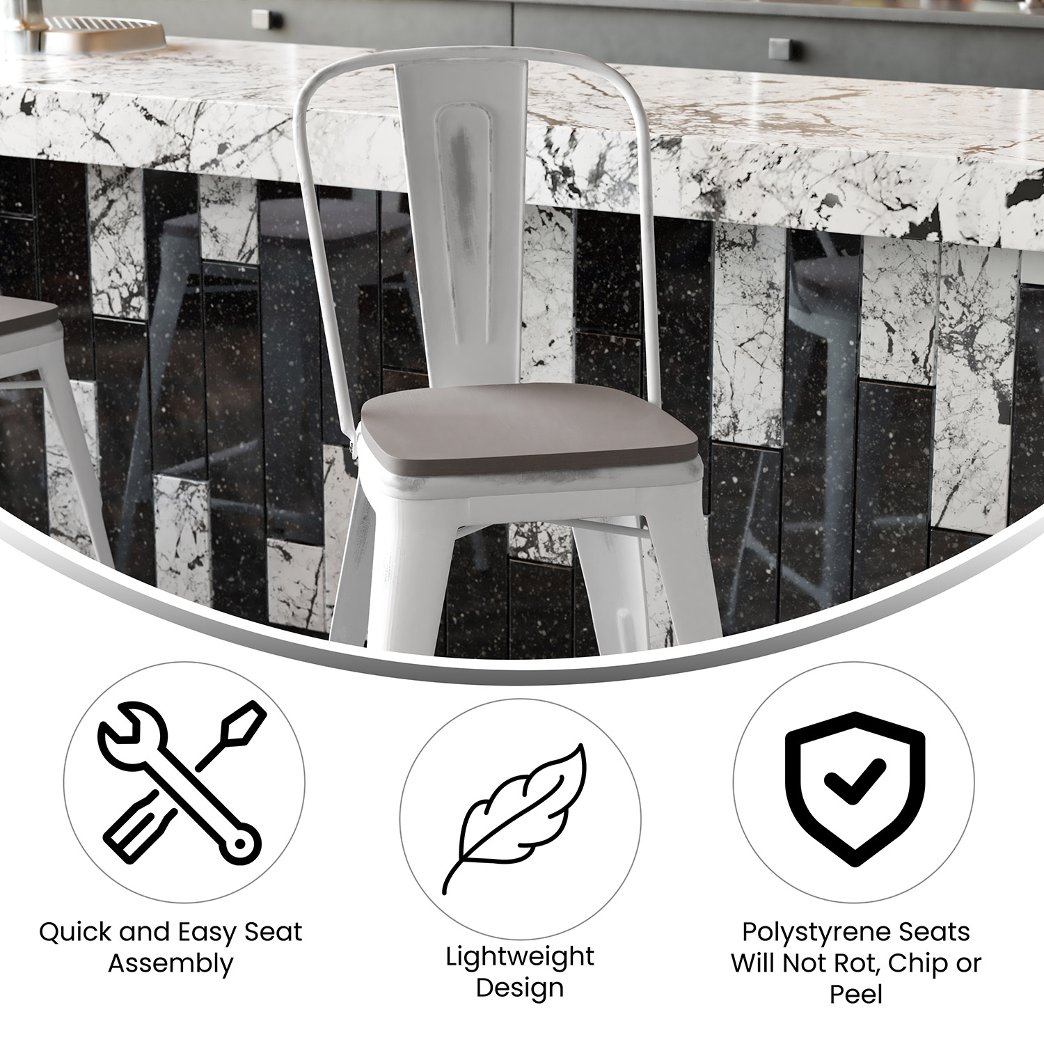 BLNK Carly Commercial Metal Indoor-Outdoor Counter Height Stool with Poly Resin Wood Seat - White/Gray