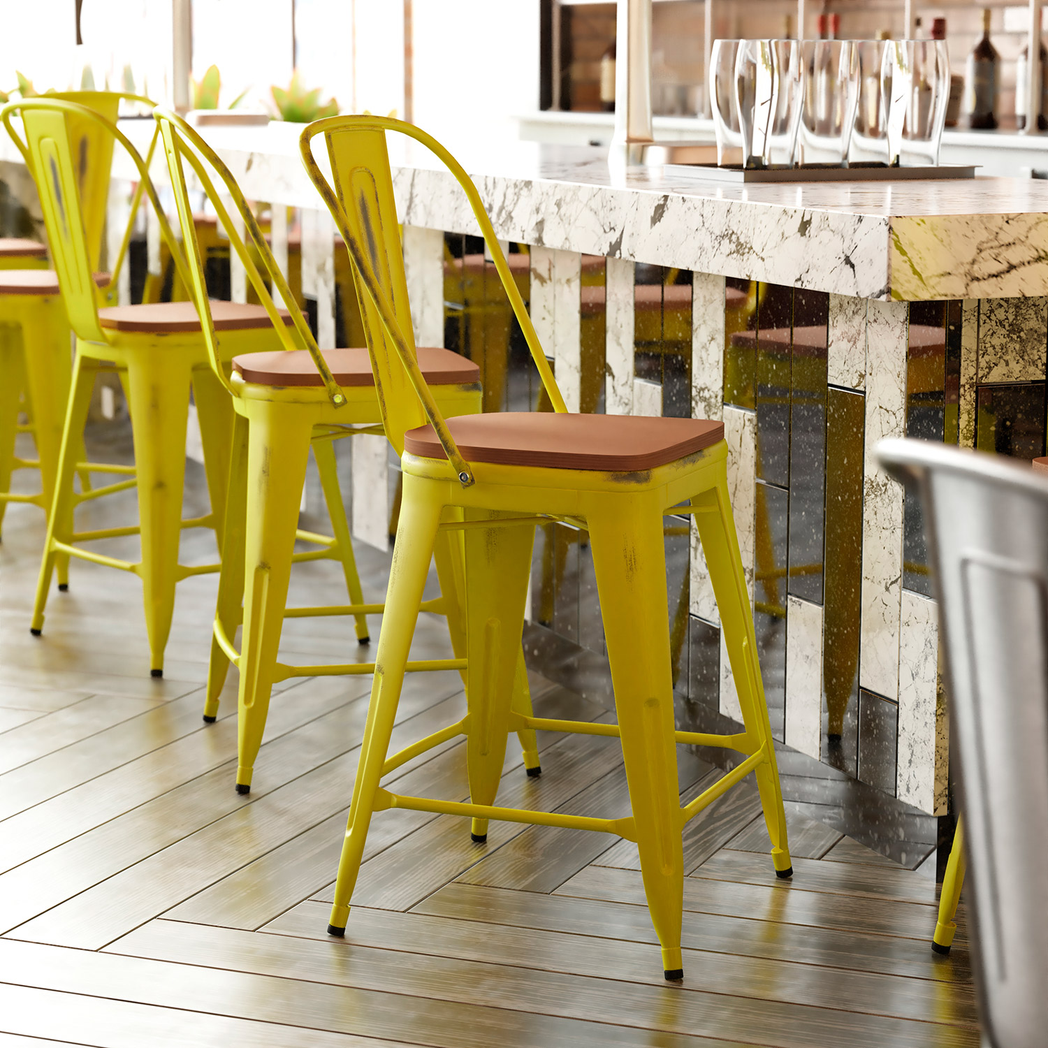 BLNK Carly Commercial Metal Indoor-Outdoor Counter Height Stool with Poly Resin Wood Seat