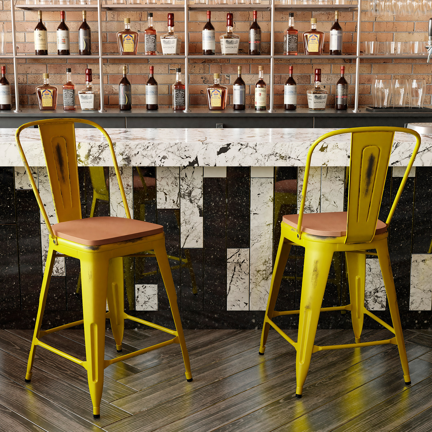 BLNK Carly Commercial Metal Indoor-Outdoor Counter Height Stool with Poly Resin Wood Seat - Yellow/Teak