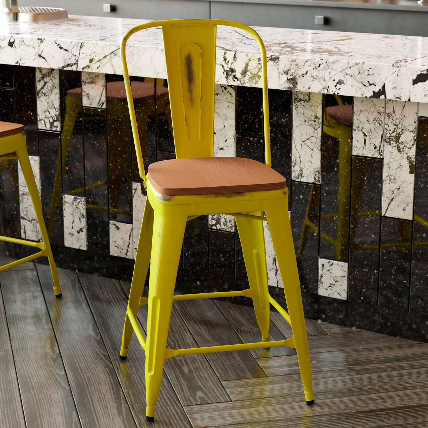 BLNK Carly Commercial Metal Indoor-Outdoor Counter Height Stool with Poly Resin Wood Seat - Yellow/Teak