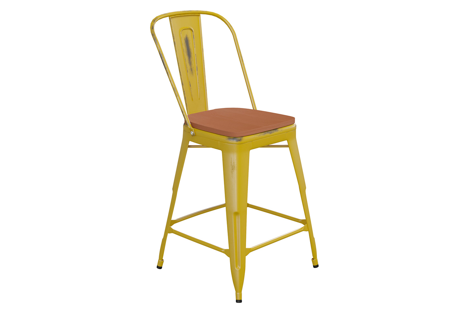 BLNK Carly Commercial Metal Indoor-Outdoor Counter Height Stool with Poly Resin Wood Seat - Yellow/Teak