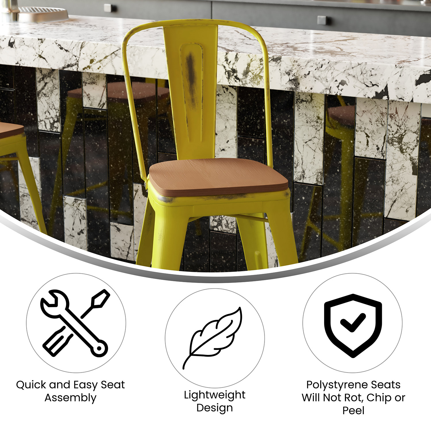 BLNK Carly Commercial Metal Indoor-Outdoor Counter Height Stool with Poly Resin Wood Seat - Yellow/Teak