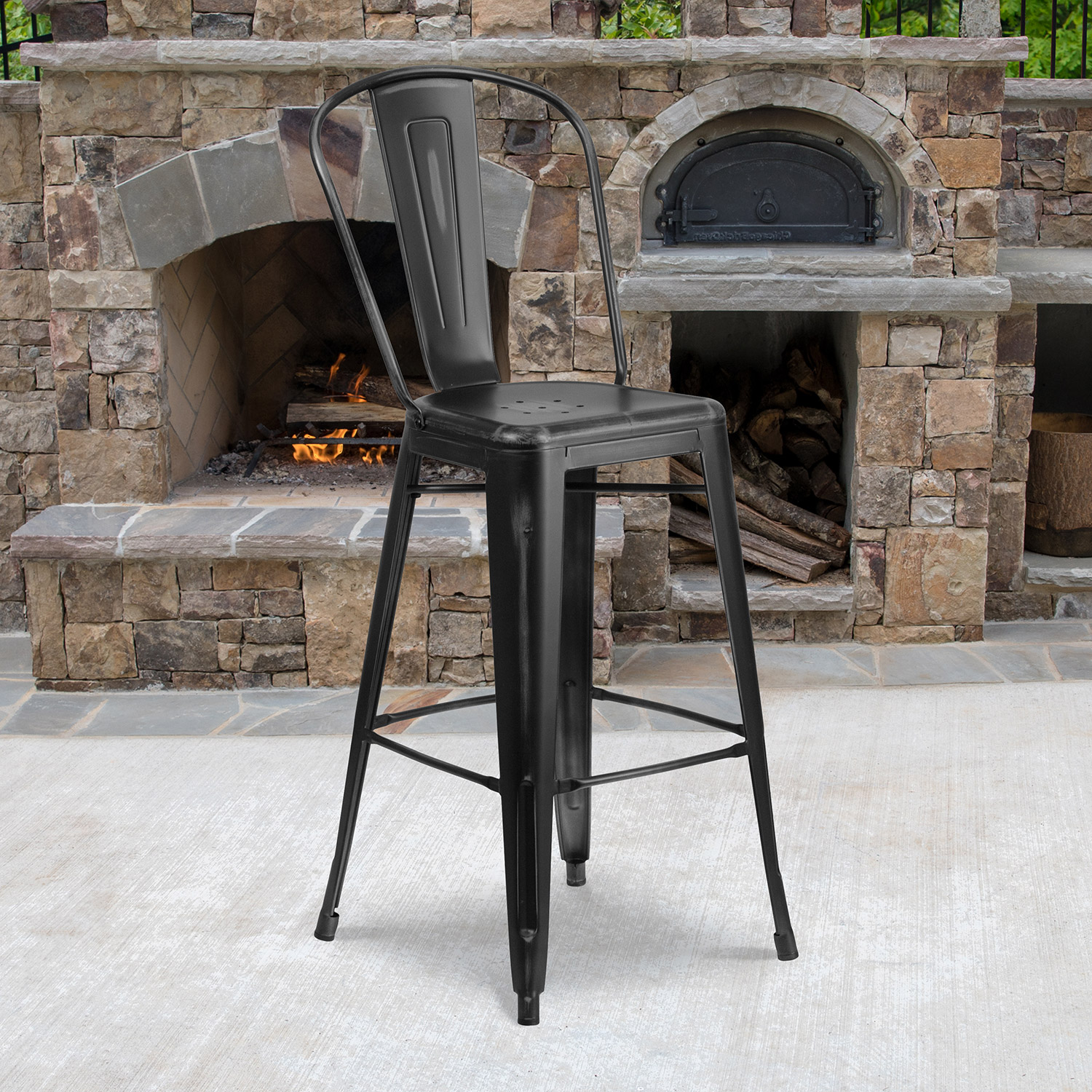 BLNK Cindy Commercial Metal Distressed Indoor-Outdoor Bar Stool with Back