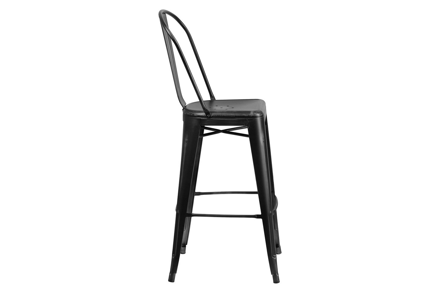 BLNK Cindy Commercial Metal Distressed Indoor-Outdoor Bar Stool with Back - Black