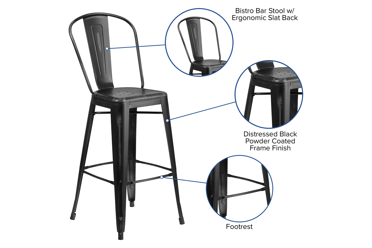 BLNK Cindy Commercial Metal Distressed Indoor-Outdoor Bar Stool with Back - Black