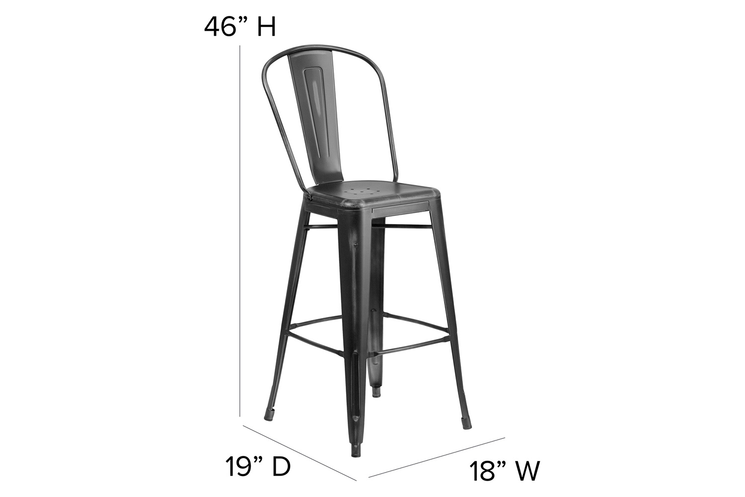 BLNK Cindy Commercial Metal Distressed Indoor-Outdoor Bar Stool with Back - Black