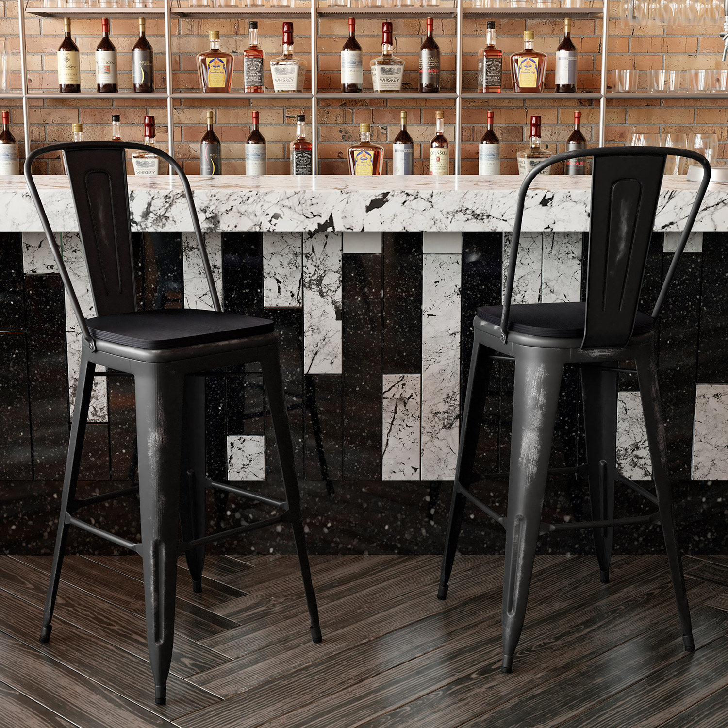 BLNK Carly Commercial Metal Indoor-Outdoor Bar Stool with Back with Poly Resin Wood Seat - Black