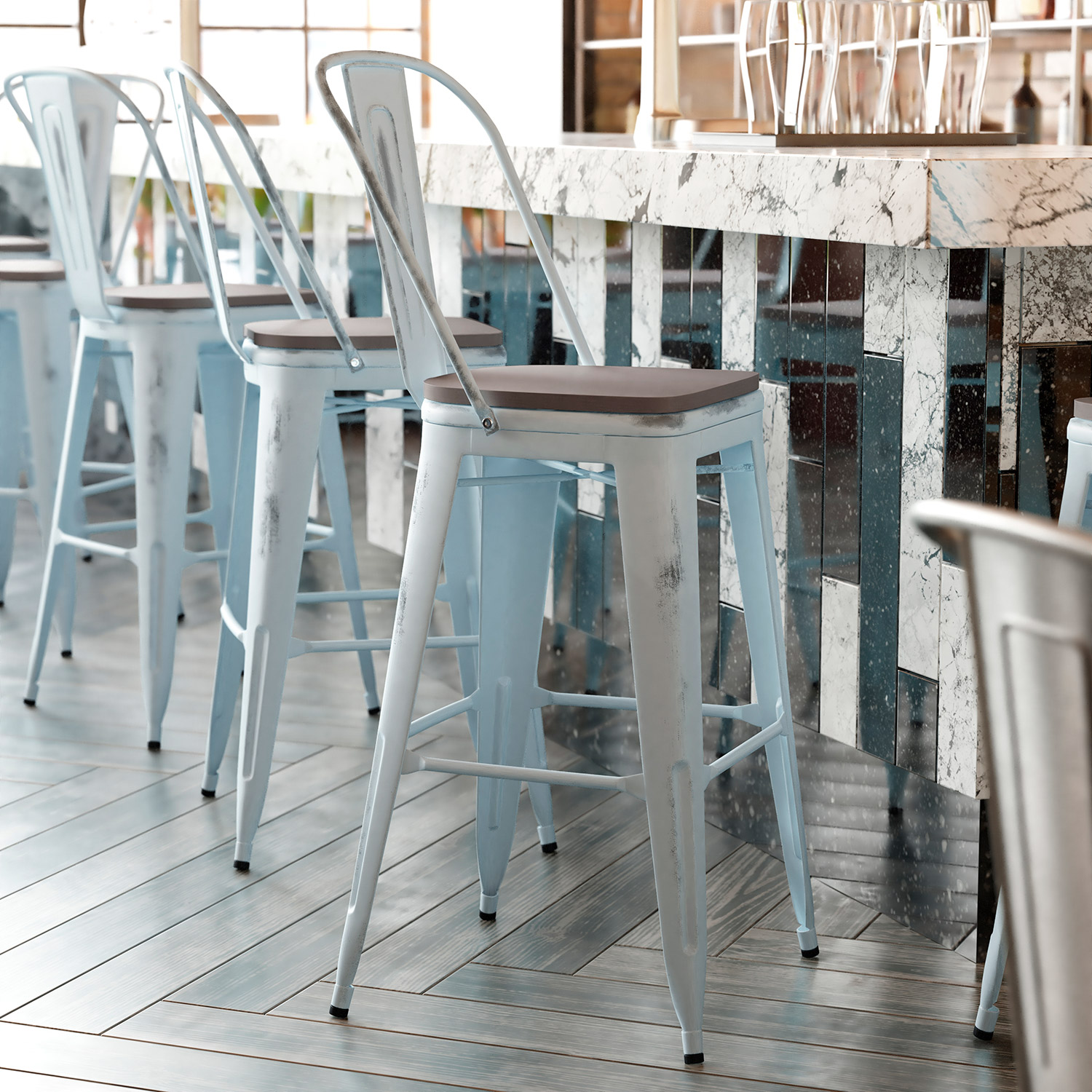 BLNK Carly Commercial Metal Indoor-Outdoor Bar Stool with Back with Poly Resin Wood Seat