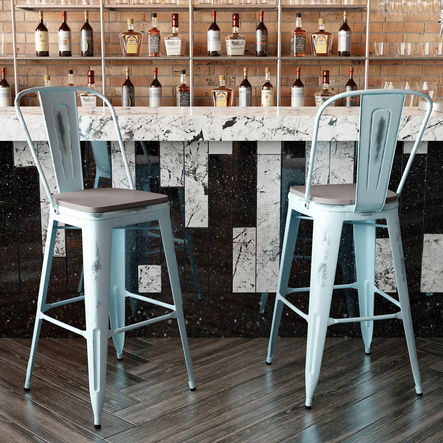 BLNK Carly Commercial Metal Indoor-Outdoor Bar Stool with Back with Poly Resin Wood Seat - Green-Blue/Gray