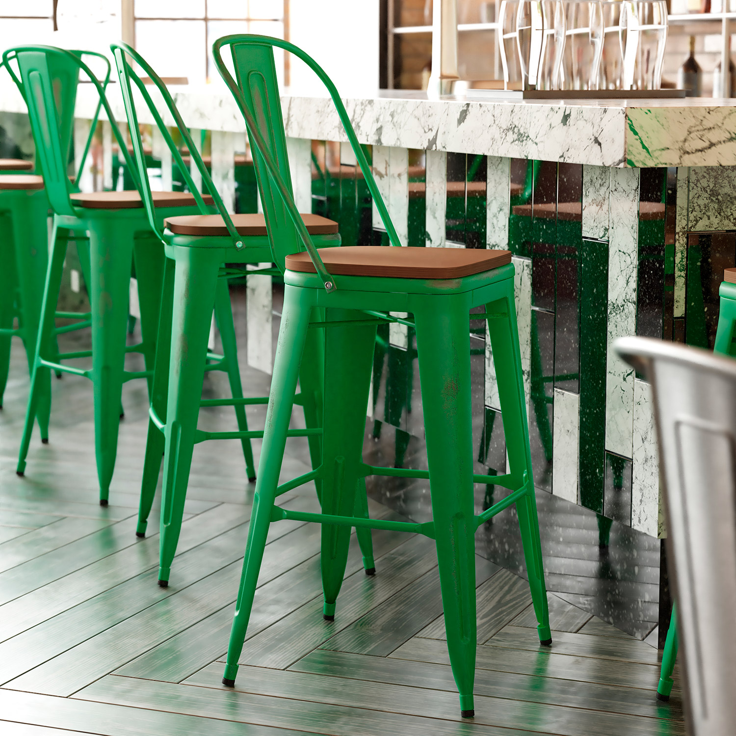 BLNK Carly Commercial Metal Indoor-Outdoor Bar Stool with Back with Poly Resin Wood Seat