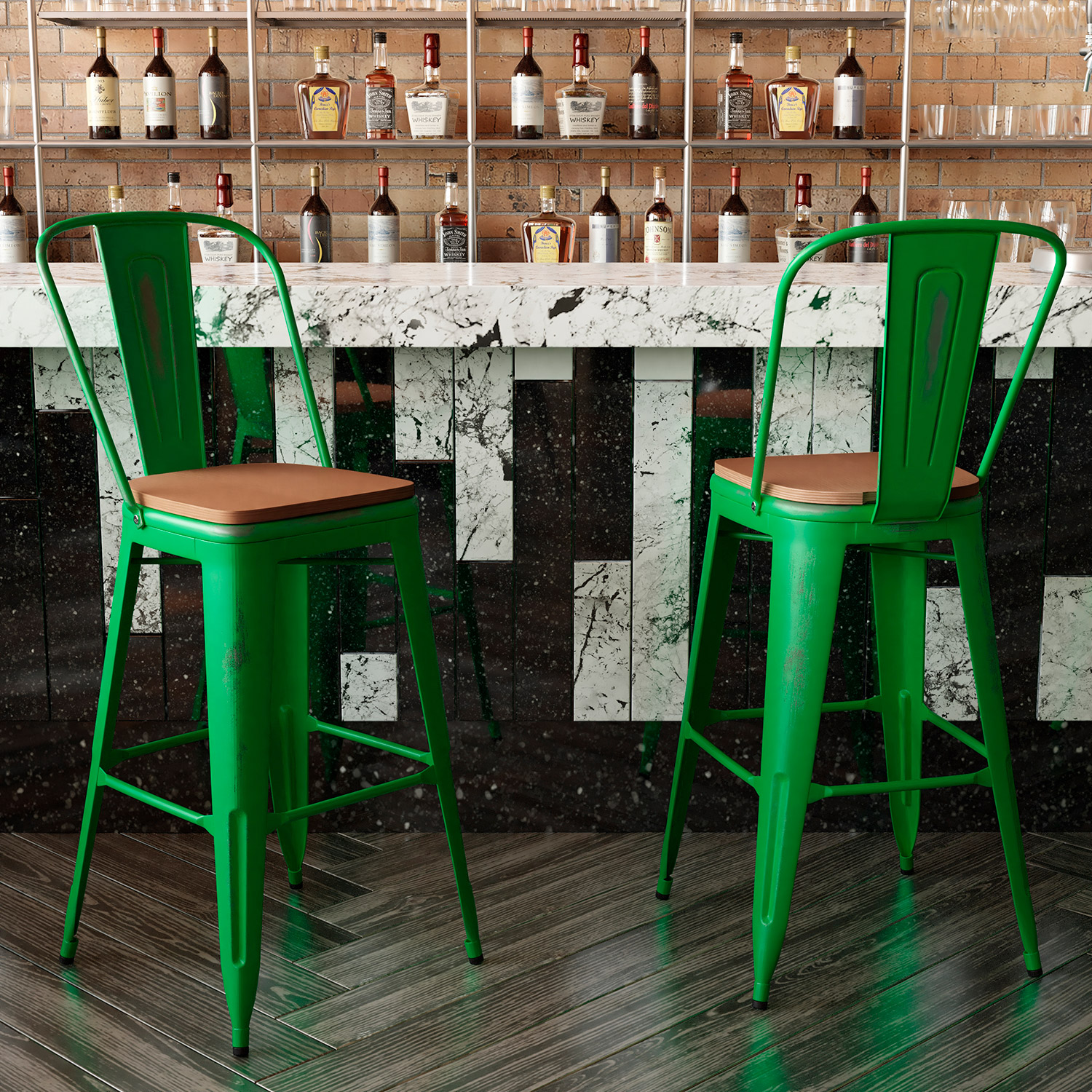 BLNK™ Carly Commercial Metal Indoor-Outdoor Bar Stool with Back with Poly Resin Wood Seat - Green/Teak