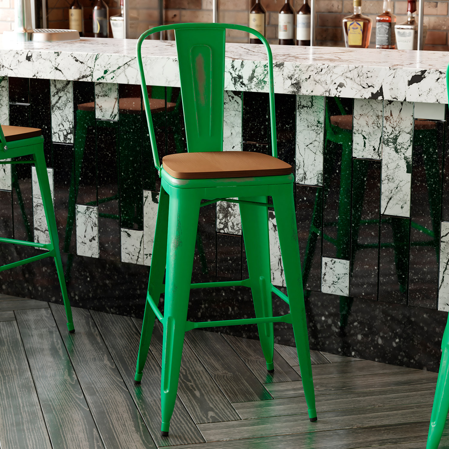 BLNK™ Carly Commercial Metal Indoor-Outdoor Bar Stool with Back with Poly Resin Wood Seat - Green/Teak