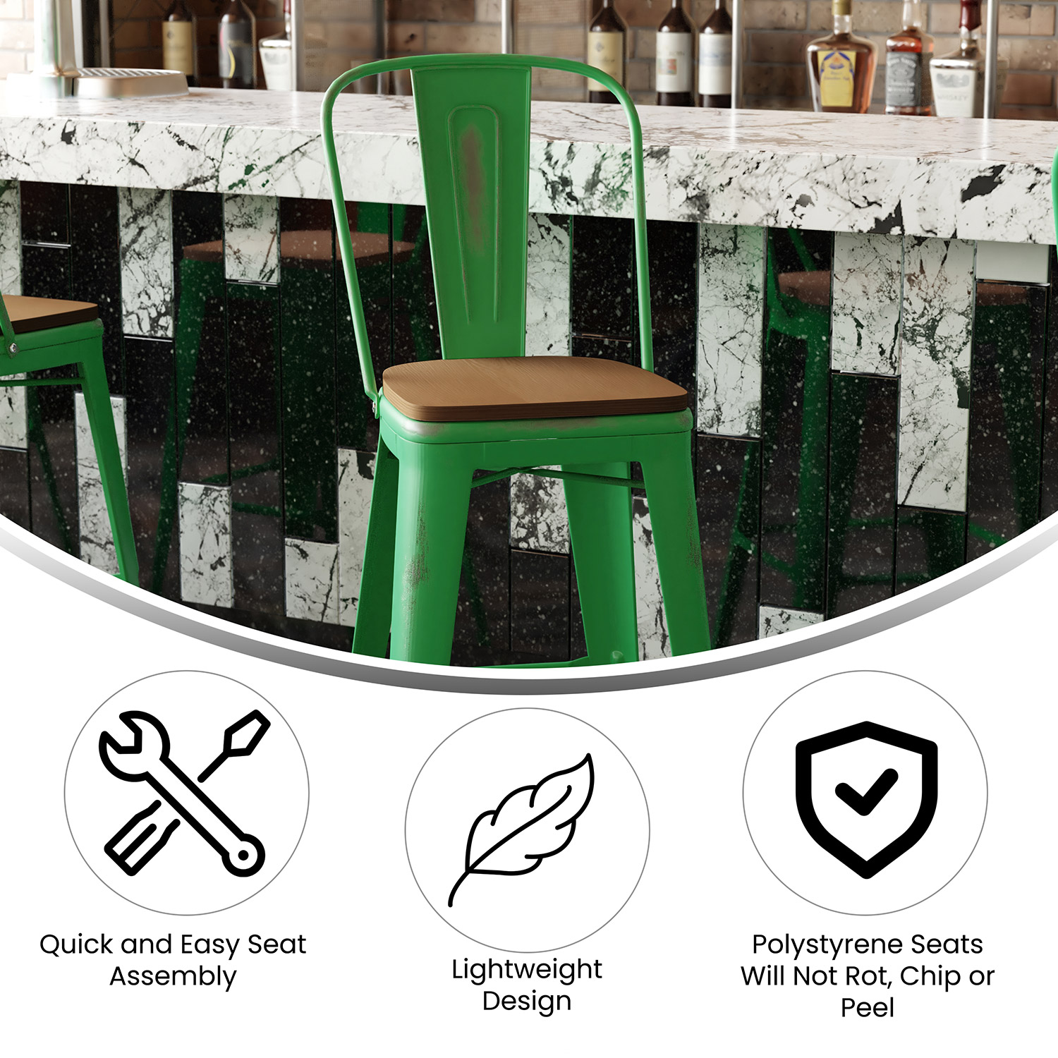 BLNK™ Carly Commercial Metal Indoor-Outdoor Bar Stool with Back with Poly Resin Wood Seat - Green/Teak