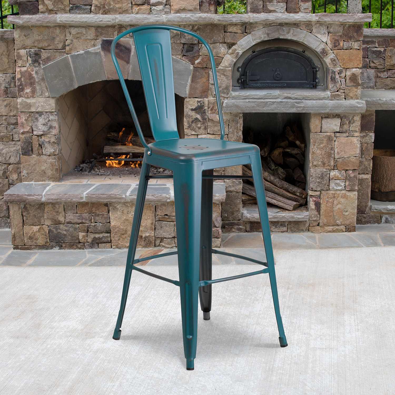 BLNK Cindy Commercial Metal Distressed Indoor-Outdoor Bar Stool with Back