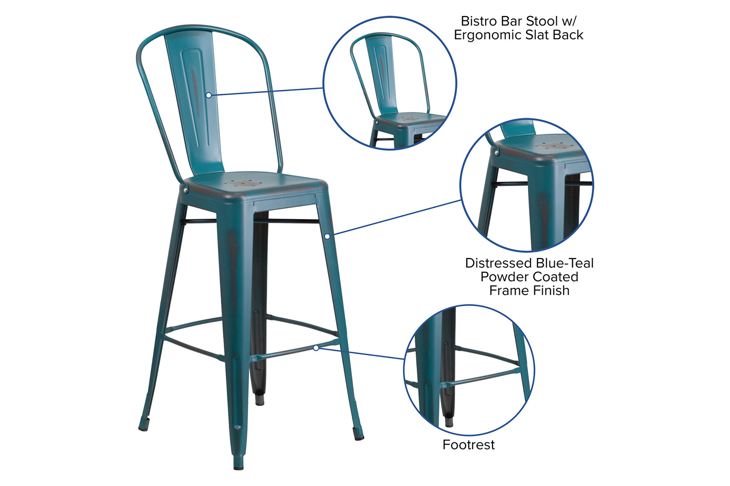 BLNK Cindy Commercial Metal Distressed Indoor-Outdoor Bar Stool with Back - Kelly Blue/Teal