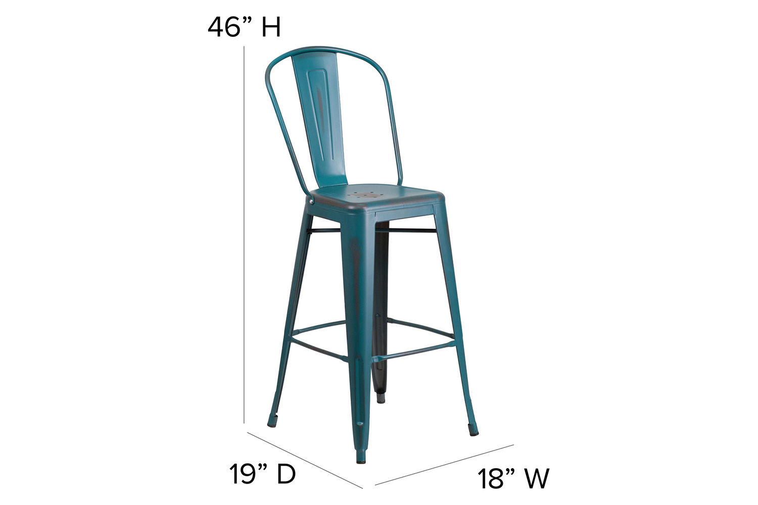 BLNK Cindy Commercial Metal Distressed Indoor-Outdoor Bar Stool with Back - Kelly Blue/Teal