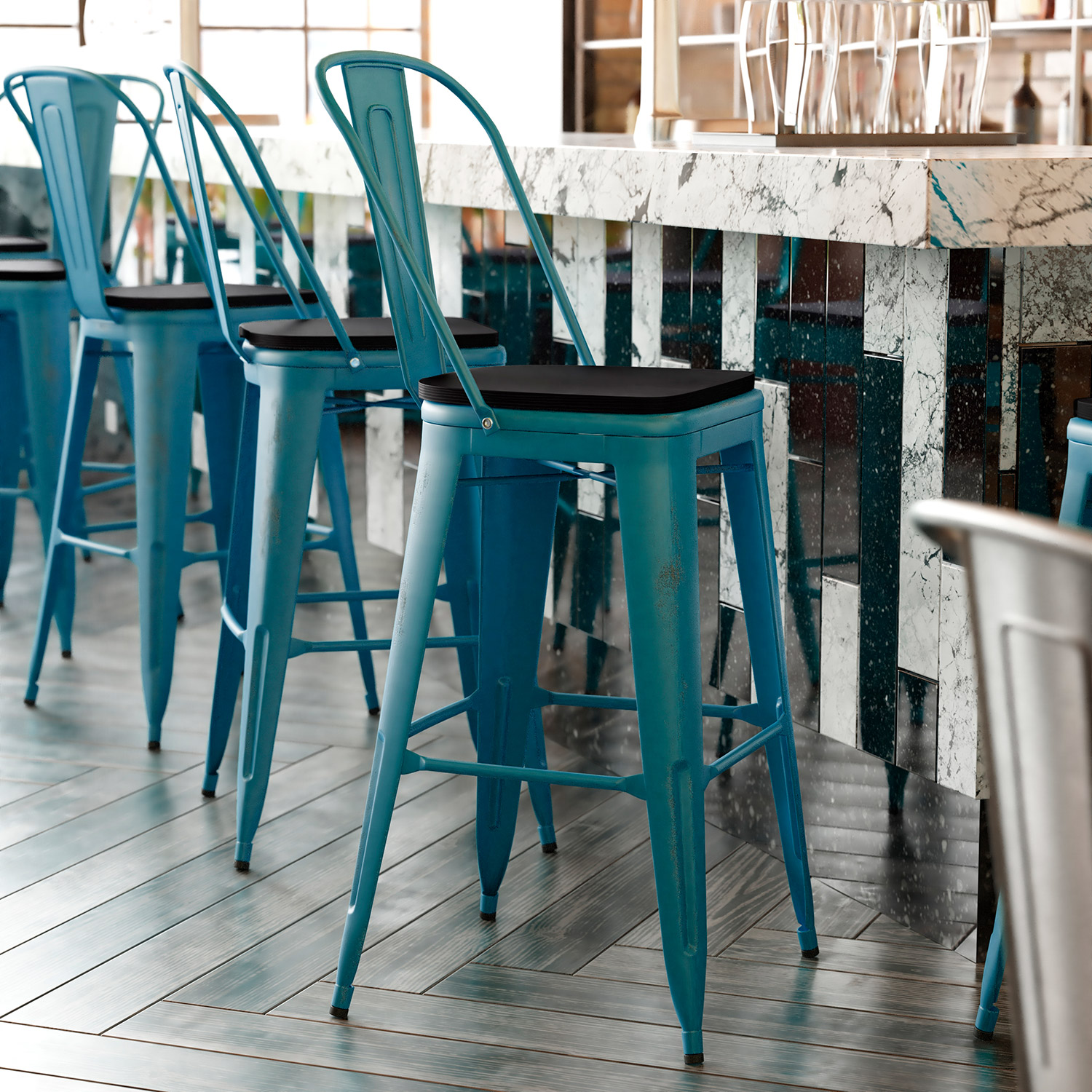 BLNK Carly Commercial Metal Indoor-Outdoor Bar Stool with Back with Poly Resin Wood Seat