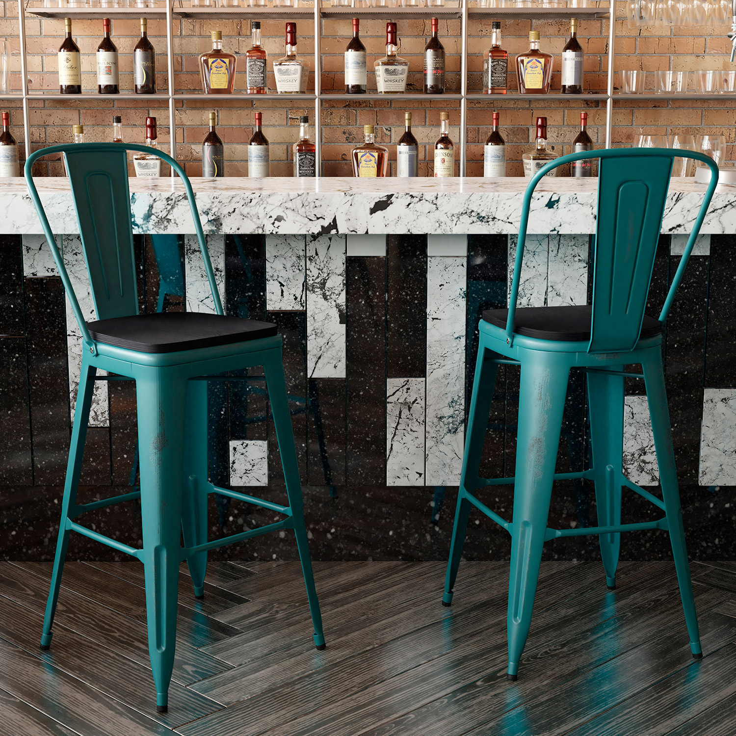 BLNK Carly Commercial Metal Indoor-Outdoor Bar Stool with Back with Poly Resin Wood Seat - Kelly Blue-Teal/Black