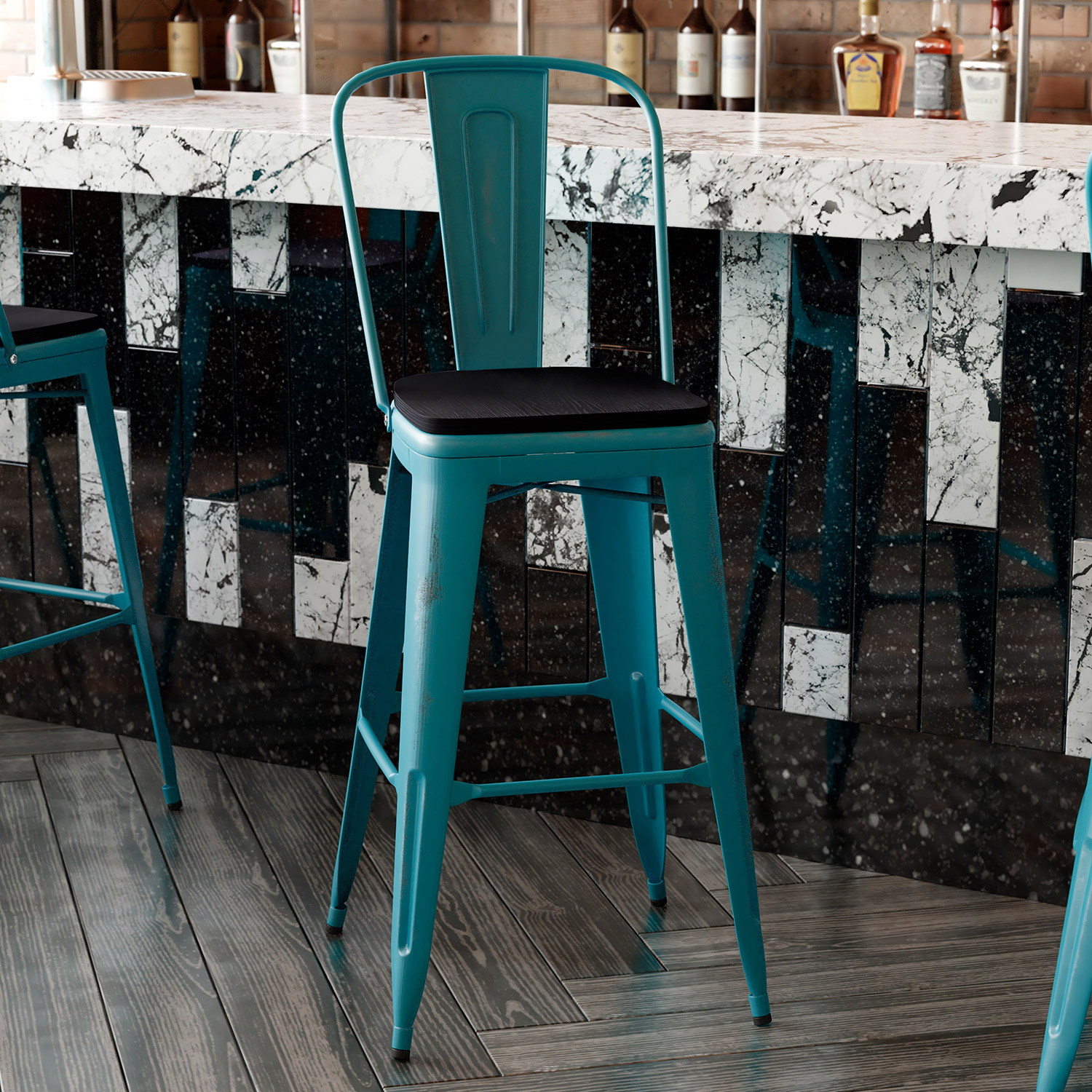 BLNK Carly Commercial Metal Indoor-Outdoor Bar Stool with Back with Poly Resin Wood Seat - Kelly Blue-Teal/Black