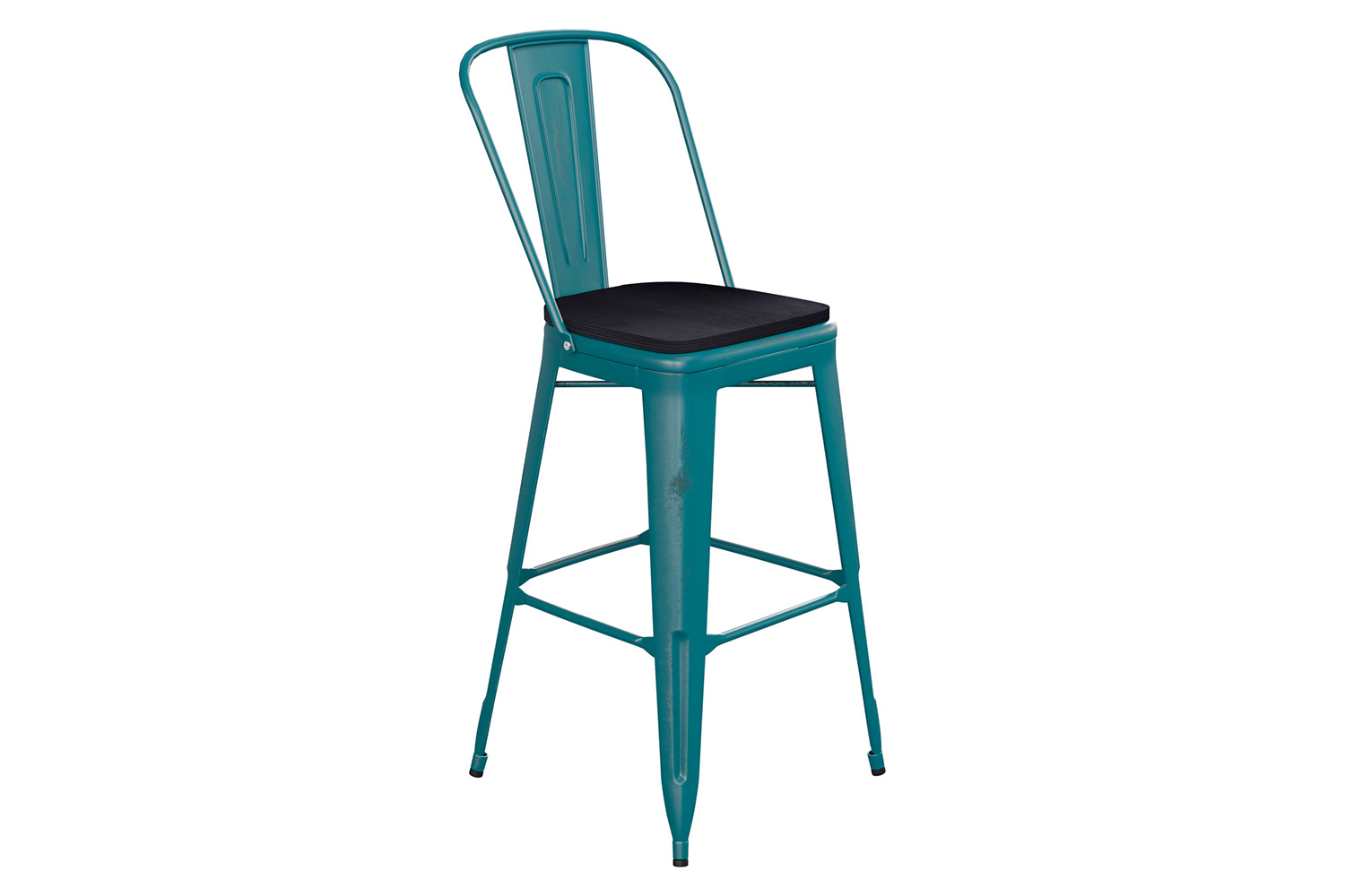 BLNK Carly Commercial Metal Indoor-Outdoor Bar Stool with Back with Poly Resin Wood Seat - Kelly Blue-Teal/Black