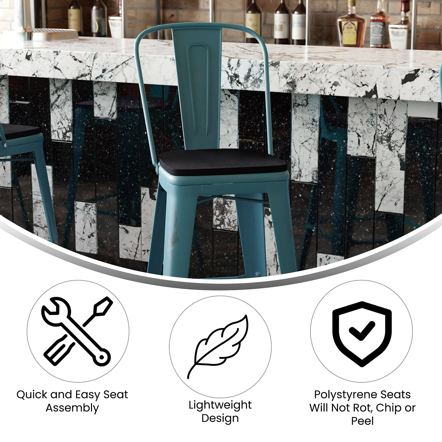 BLNK Carly Commercial Metal Indoor-Outdoor Bar Stool with Back with Poly Resin Wood Seat - Kelly Blue-Teal/Black