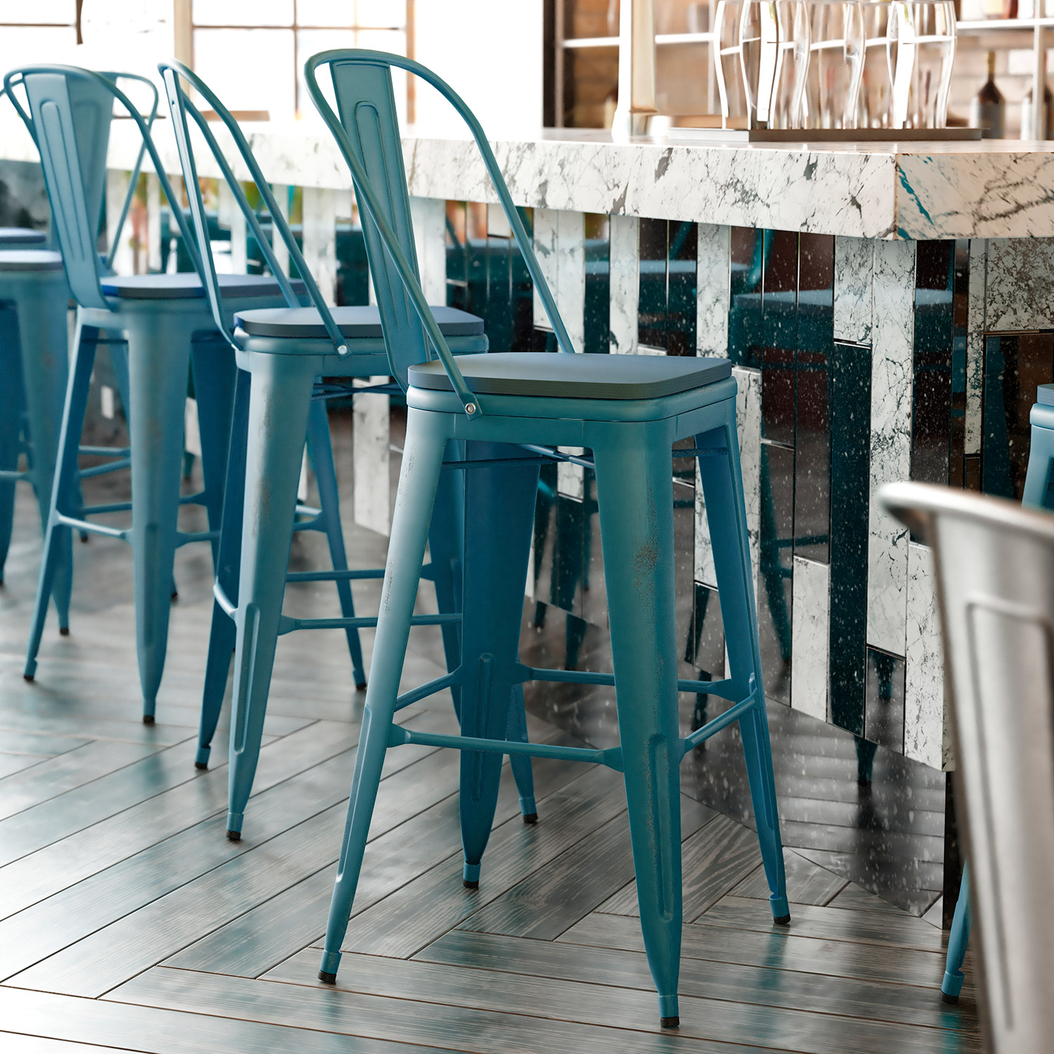 BLNK Carly Commercial Metal Indoor-Outdoor Bar Stool with Back with Poly Resin Wood Seat