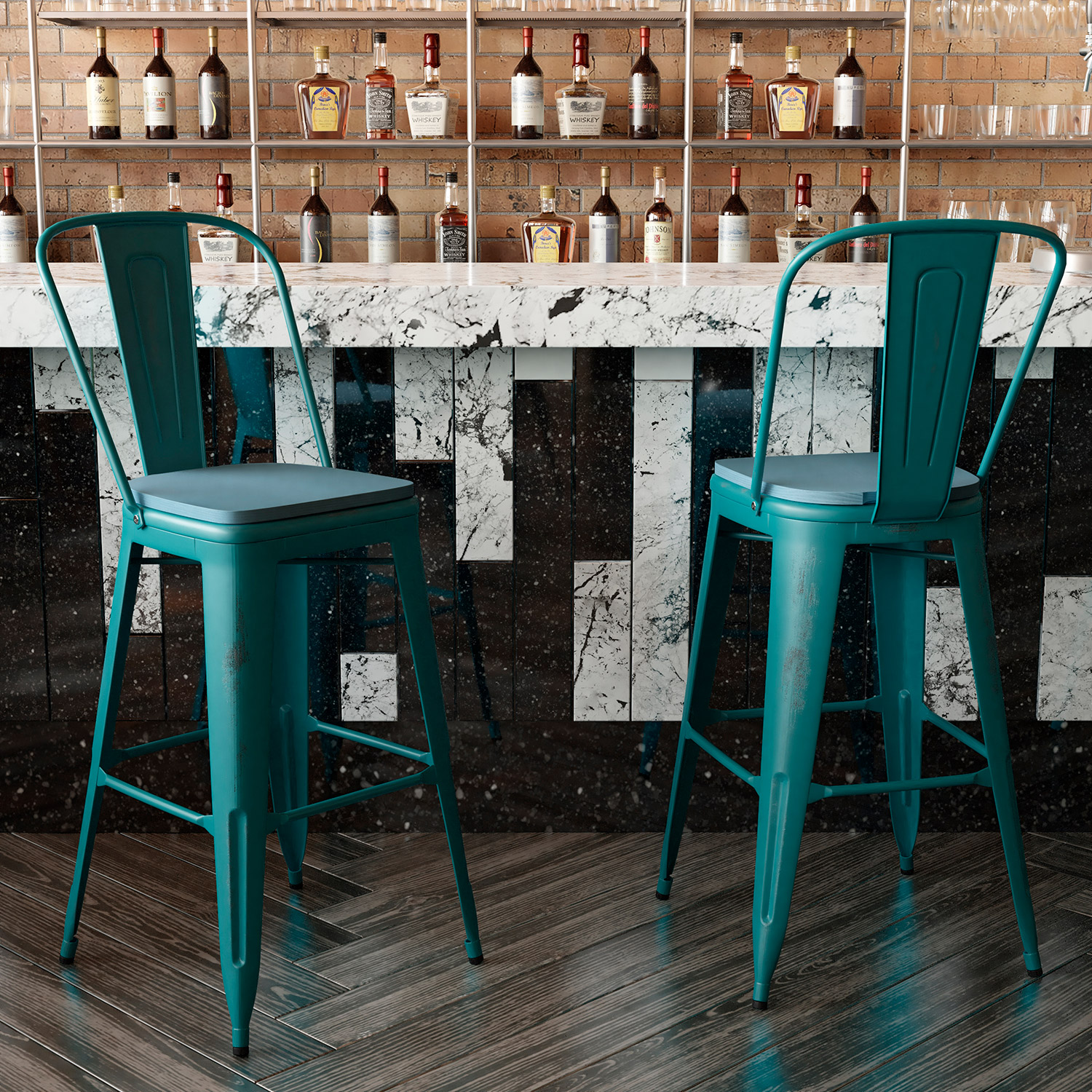 BLNK Carly Commercial Metal Indoor-Outdoor Bar Stool with Back with Poly Resin Wood Seat - Kelly Blue-Teal/Teal Blue