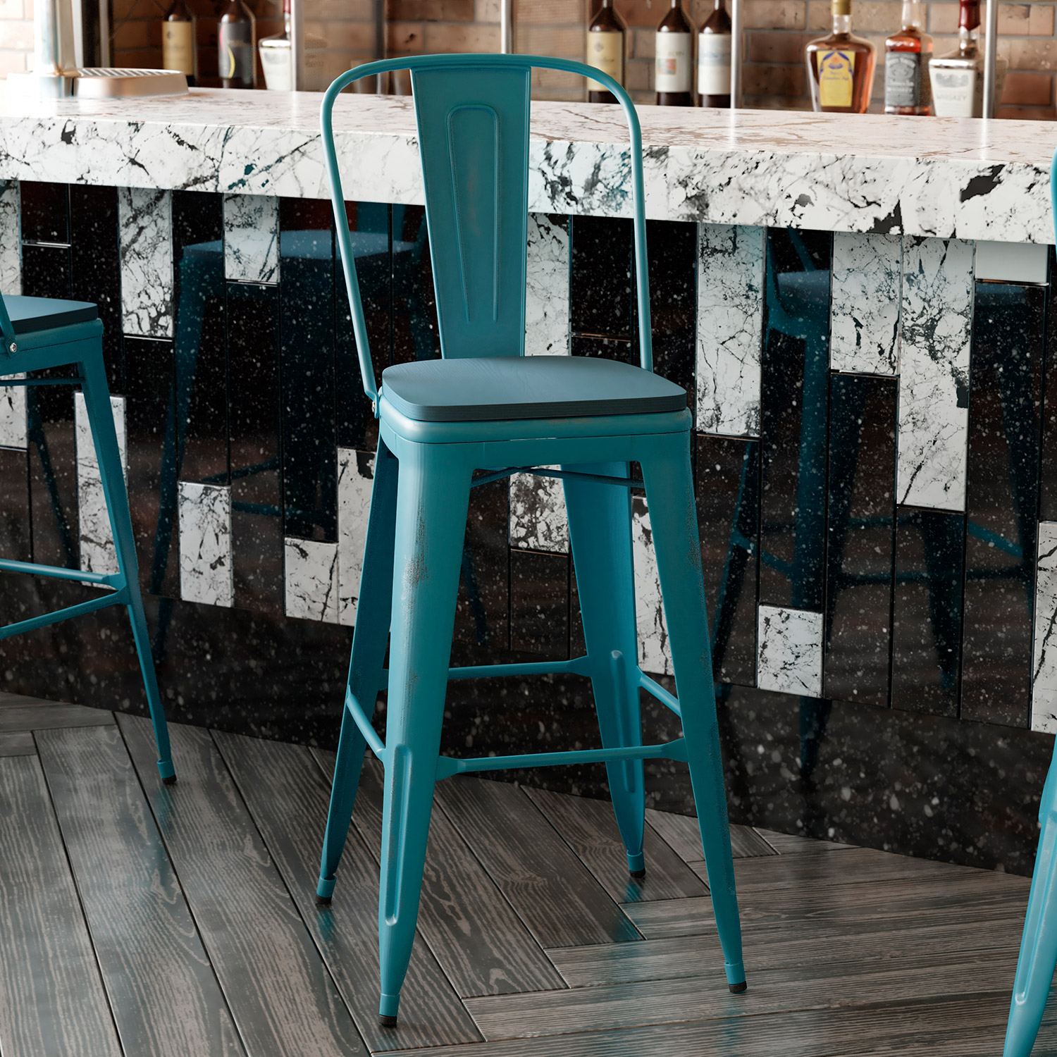 BLNK Carly Commercial Metal Indoor-Outdoor Bar Stool with Back with Poly Resin Wood Seat - Kelly Blue-Teal/Teal Blue