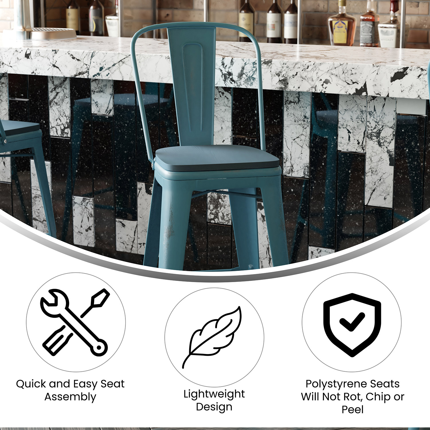 BLNK Carly Commercial Metal Indoor-Outdoor Bar Stool with Back with Poly Resin Wood Seat - Kelly Blue-Teal/Teal Blue