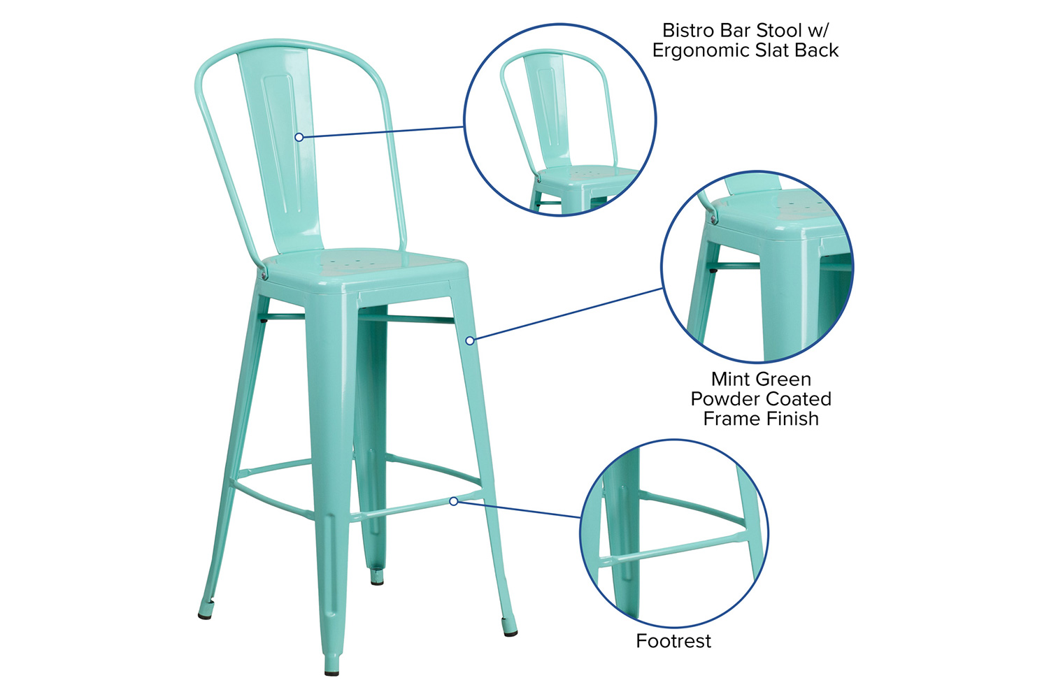 BLNK Cindy Commercial Metal Indoor-Outdoor Bar Stool with Back - Mint Green