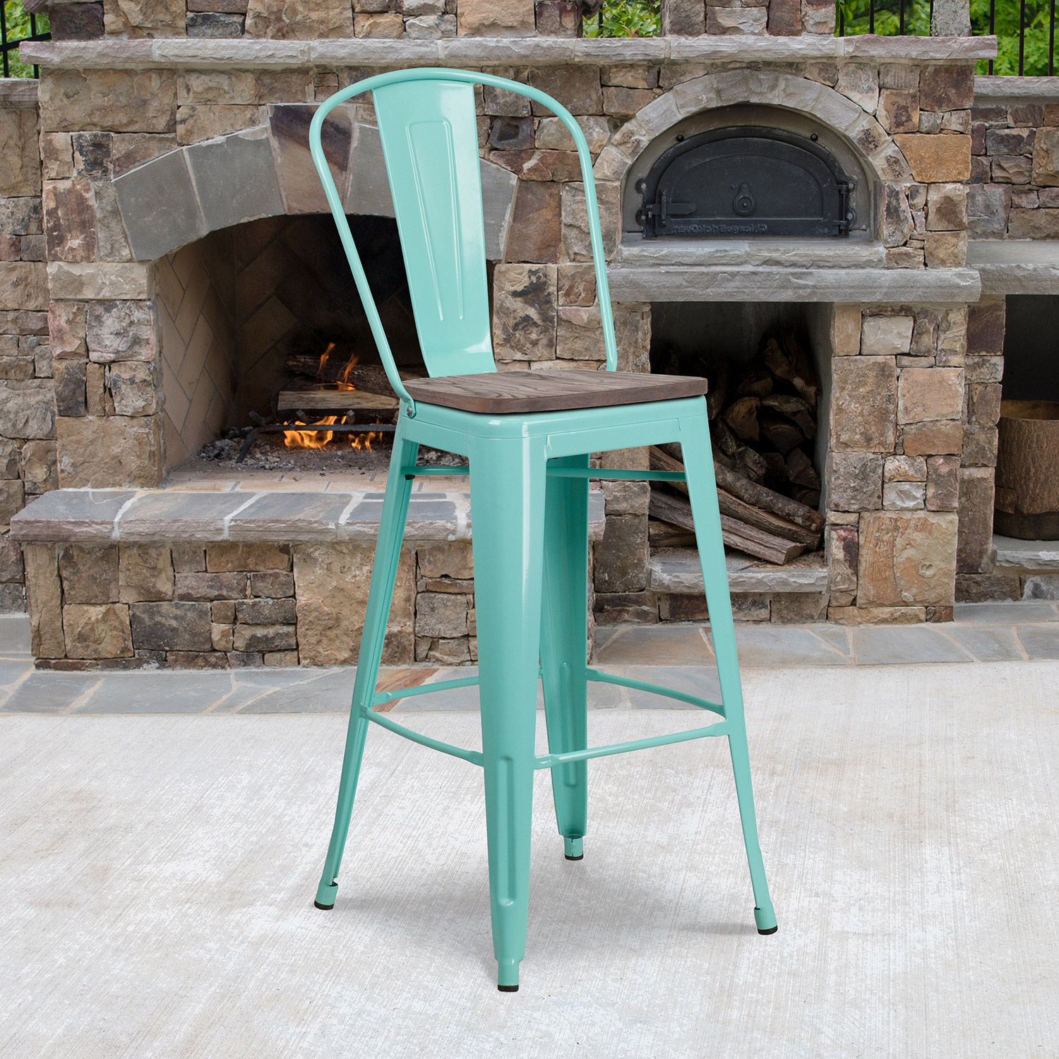 BLNK Cindy Metal Bar Stool with Back and Wood Seat