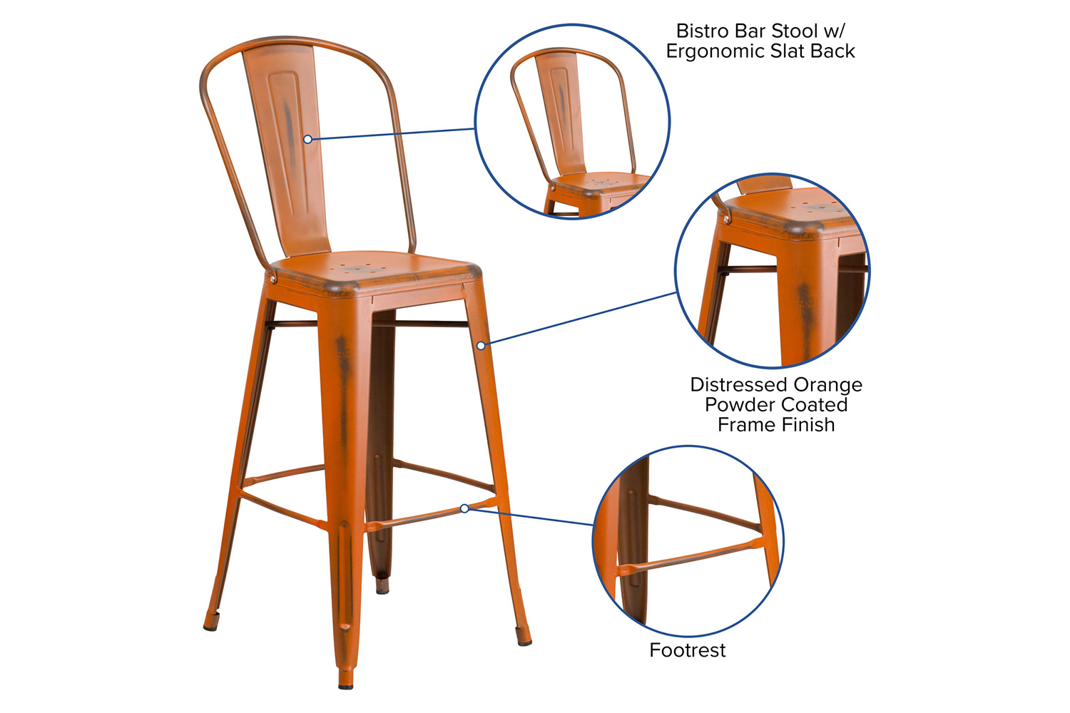 BLNK™ Cindy Commercial Metal Distressed Indoor-Outdoor Bar Stool with Back - Orange