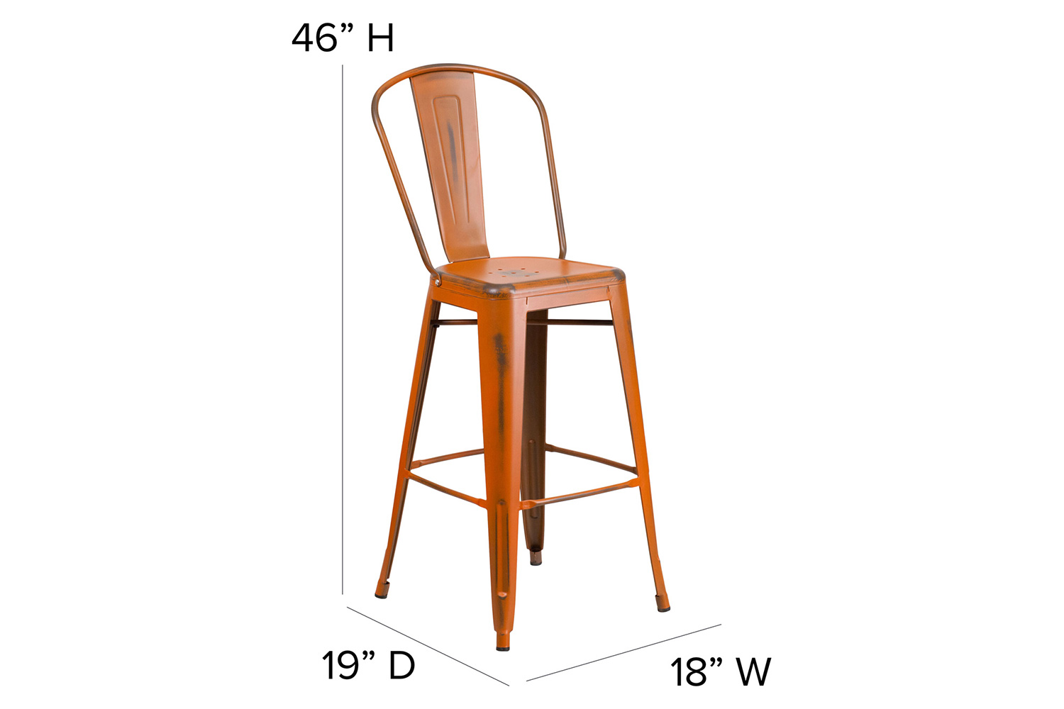 BLNK™ Cindy Commercial Metal Distressed Indoor-Outdoor Bar Stool with Back - Orange