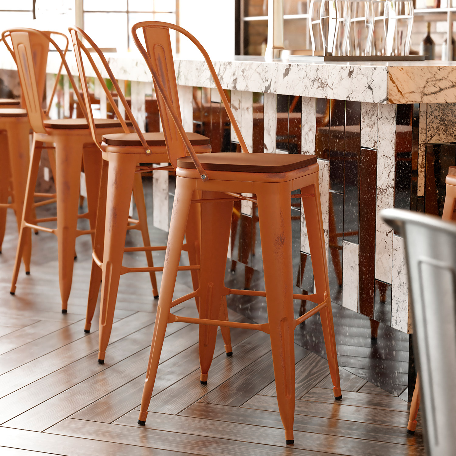 BLNK Carly Commercial Metal Indoor-Outdoor Bar Stool with Back with Poly Resin Wood Seat