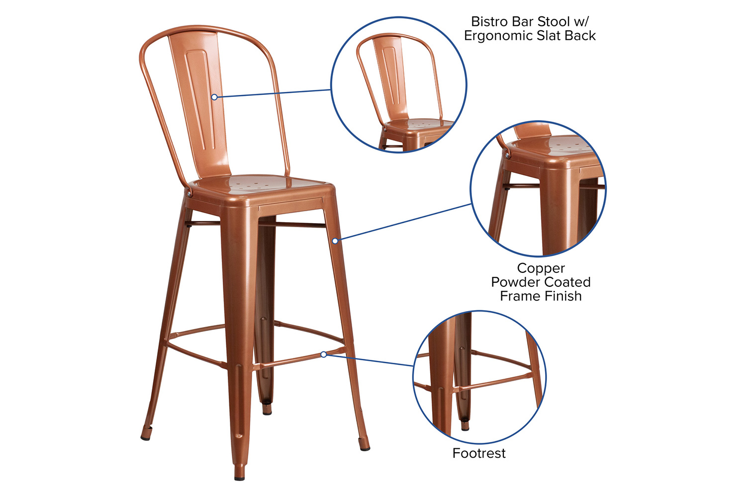 BLNK Cindy Commercial Metal Indoor-Outdoor Bar Stool with Back - Copper