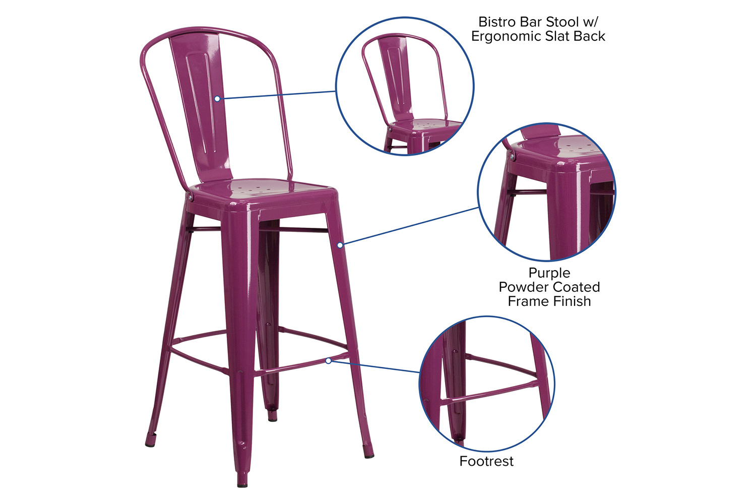 BLNK Cindy Commercial Metal Indoor-Outdoor Bar Stool with Back - Purple