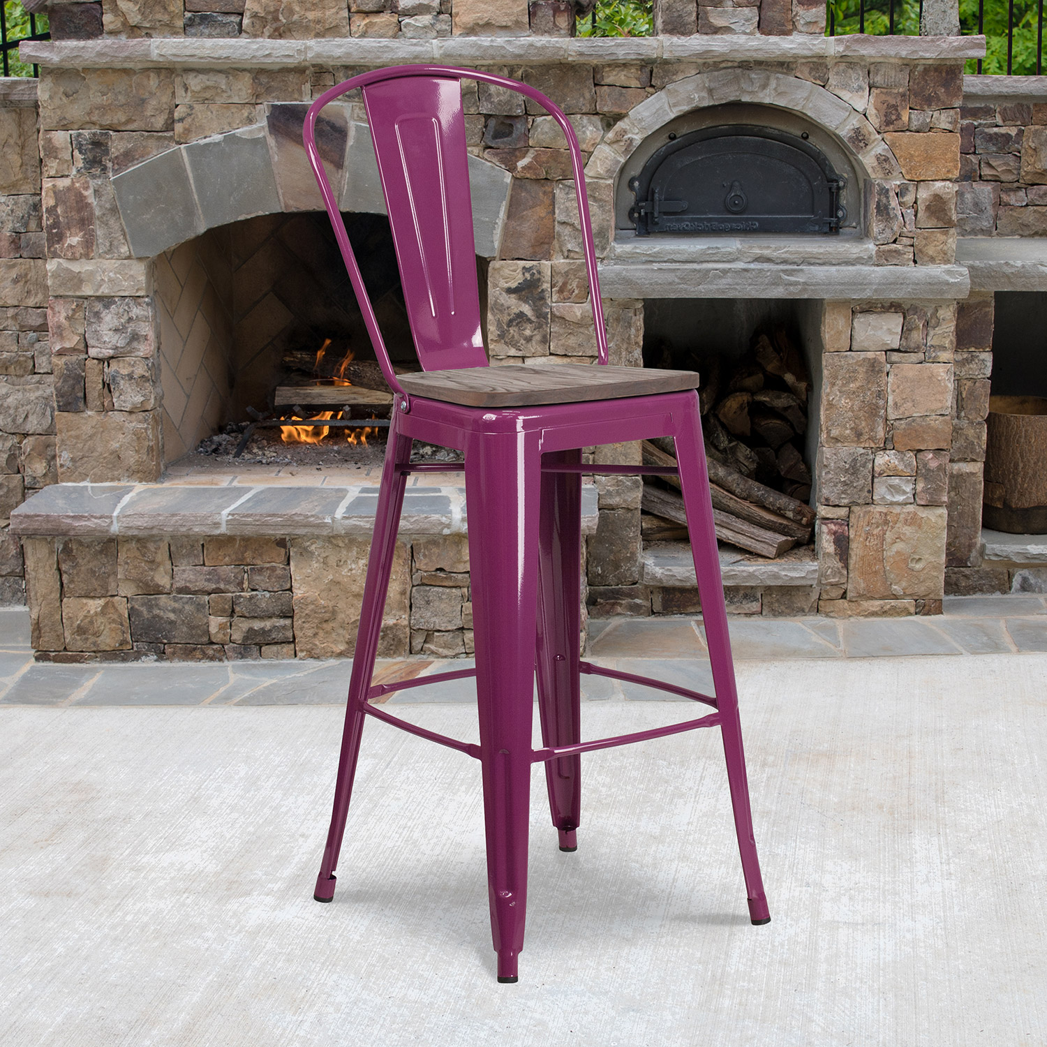 BLNK Cindy Metal Bar Stool with Back and Wood Seat