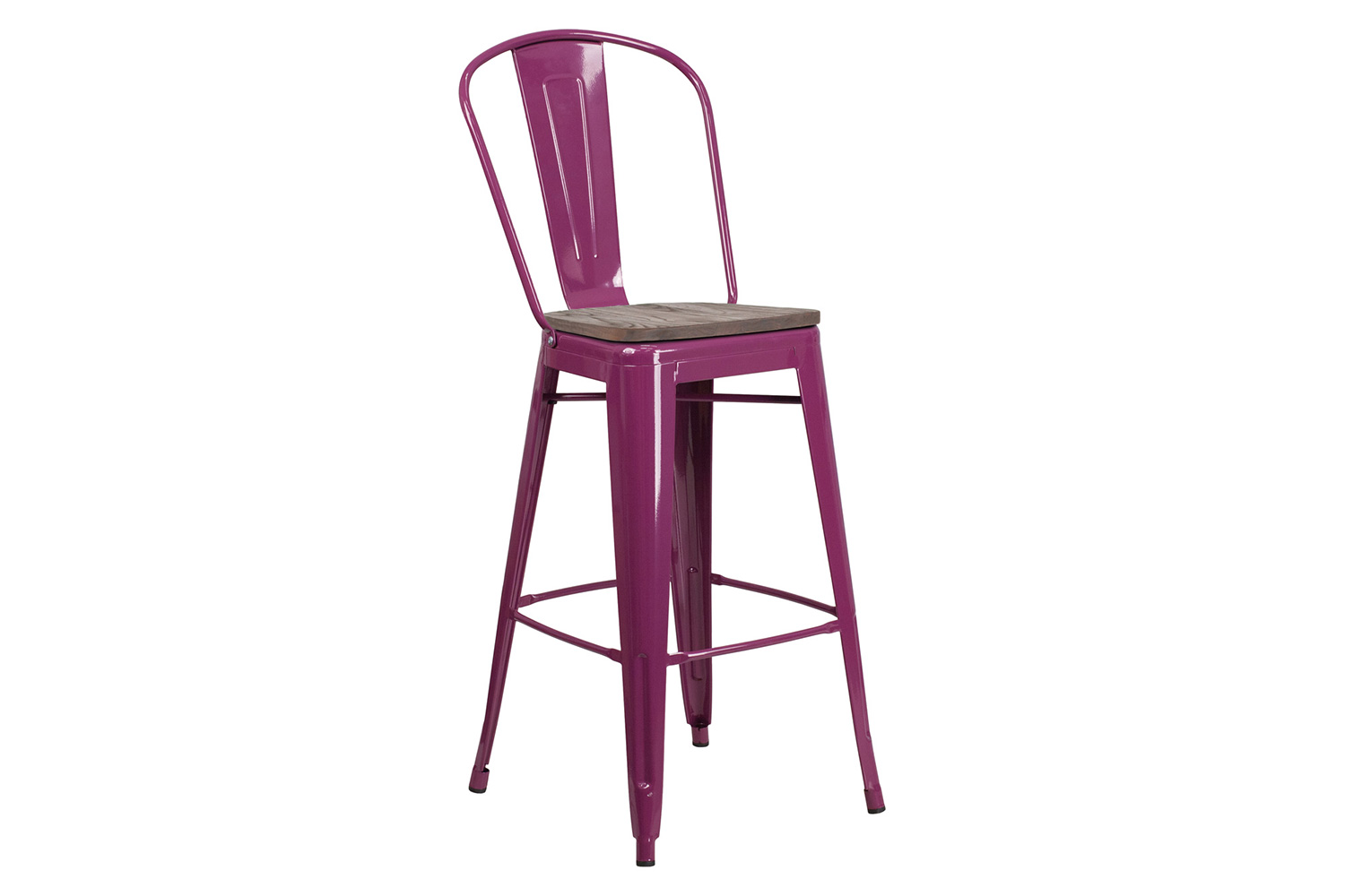 BLNK Cindy Metal Bar Stool with Back and Wood Seat - Purple