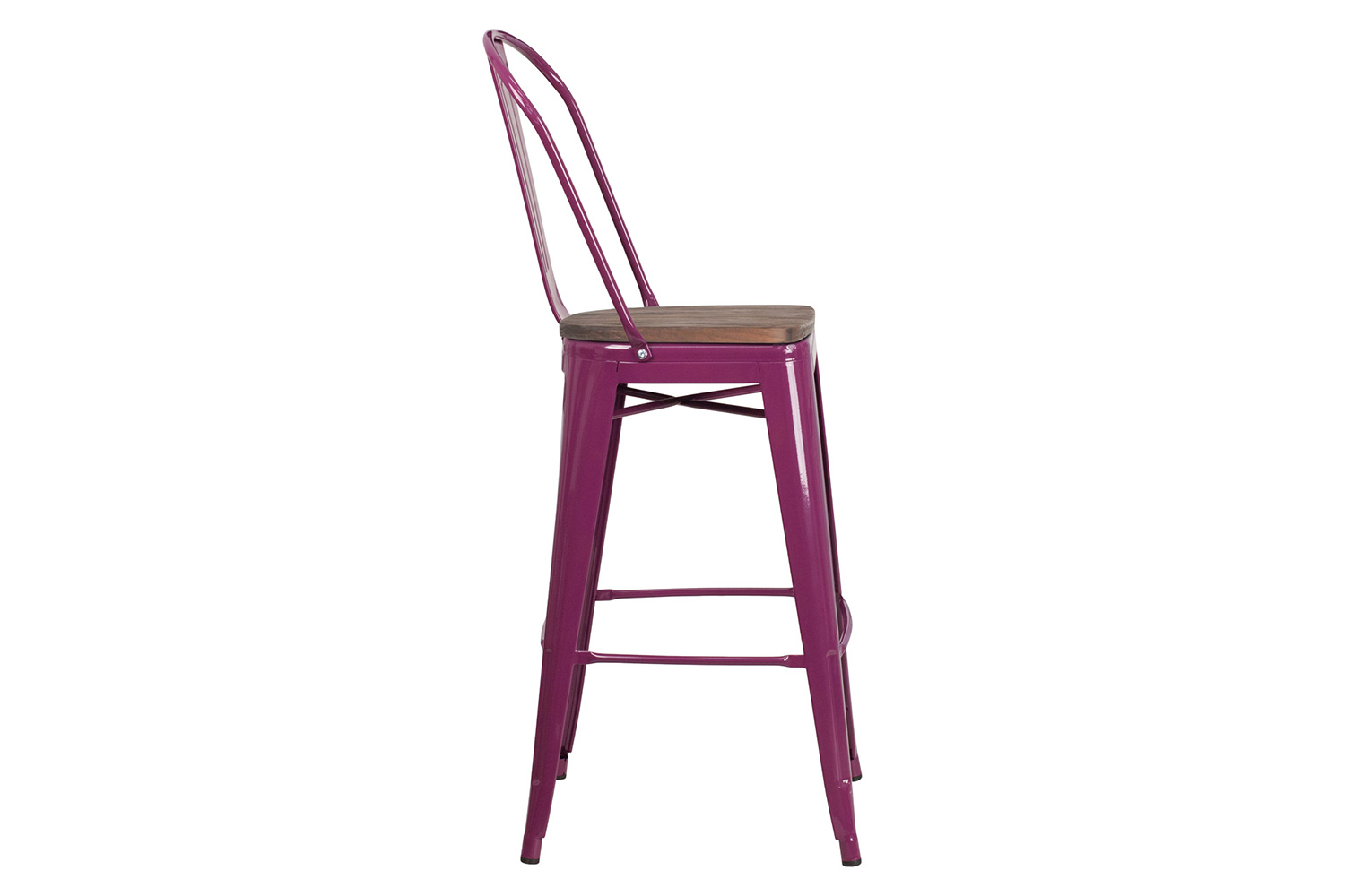 BLNK Cindy Metal Bar Stool with Back and Wood Seat - Purple