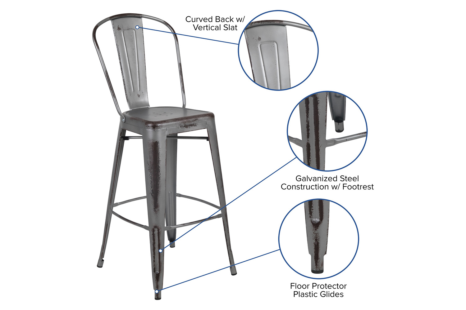 BLNK Cindy Commercial Metal Distressed Indoor-Outdoor Bar Stool with Back - Silver/Gray