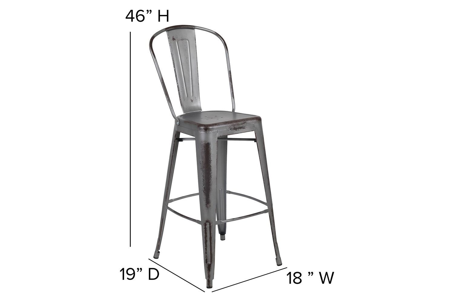 BLNK Cindy Commercial Metal Distressed Indoor-Outdoor Bar Stool with Back - Silver/Gray