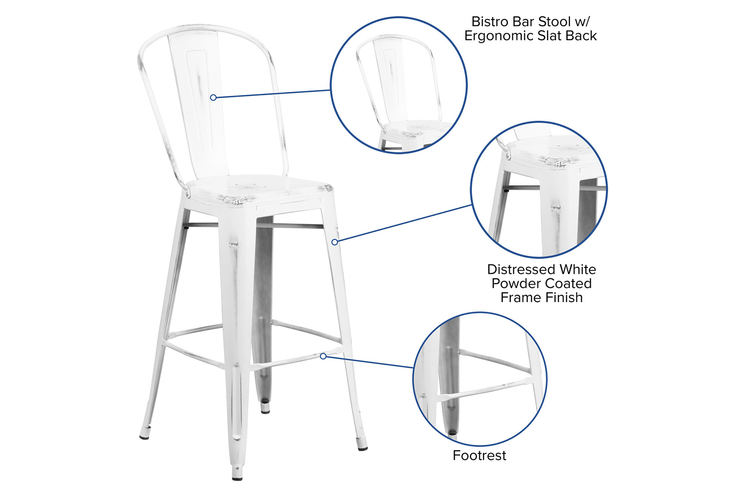 BLNK™ Cindy Commercial Metal Distressed Indoor-Outdoor Bar Stool with Back - White