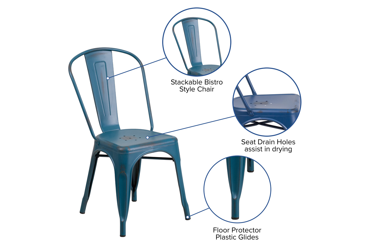 BLNK Tenley Commercial Metal Distressed Indoor-Outdoor Stackable Chair - Antique Blue