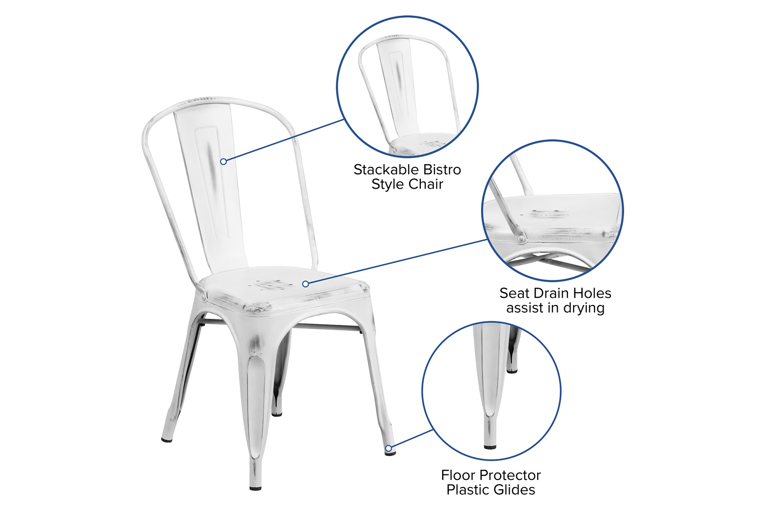 BLNK Tenley Commercial Metal Distressed Indoor-Outdoor Stackable Chair - White